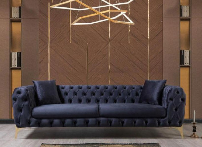 Chesterfield Dreisitzer Edelstahlfüße Luxus Sofa Blau Designermöbel Neu